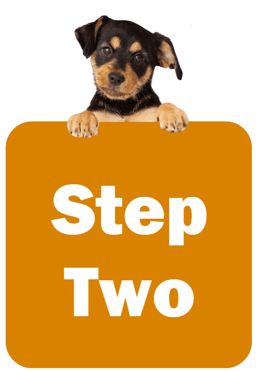 Puppy holding a sign that says Step Two