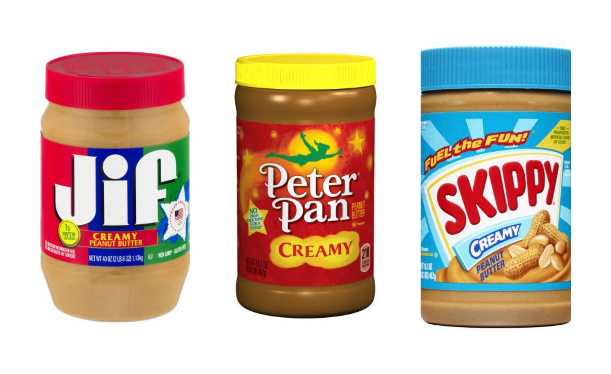 Picture of jars of Jiff, Peter Pan and Skippy Creamy Peanut Butter